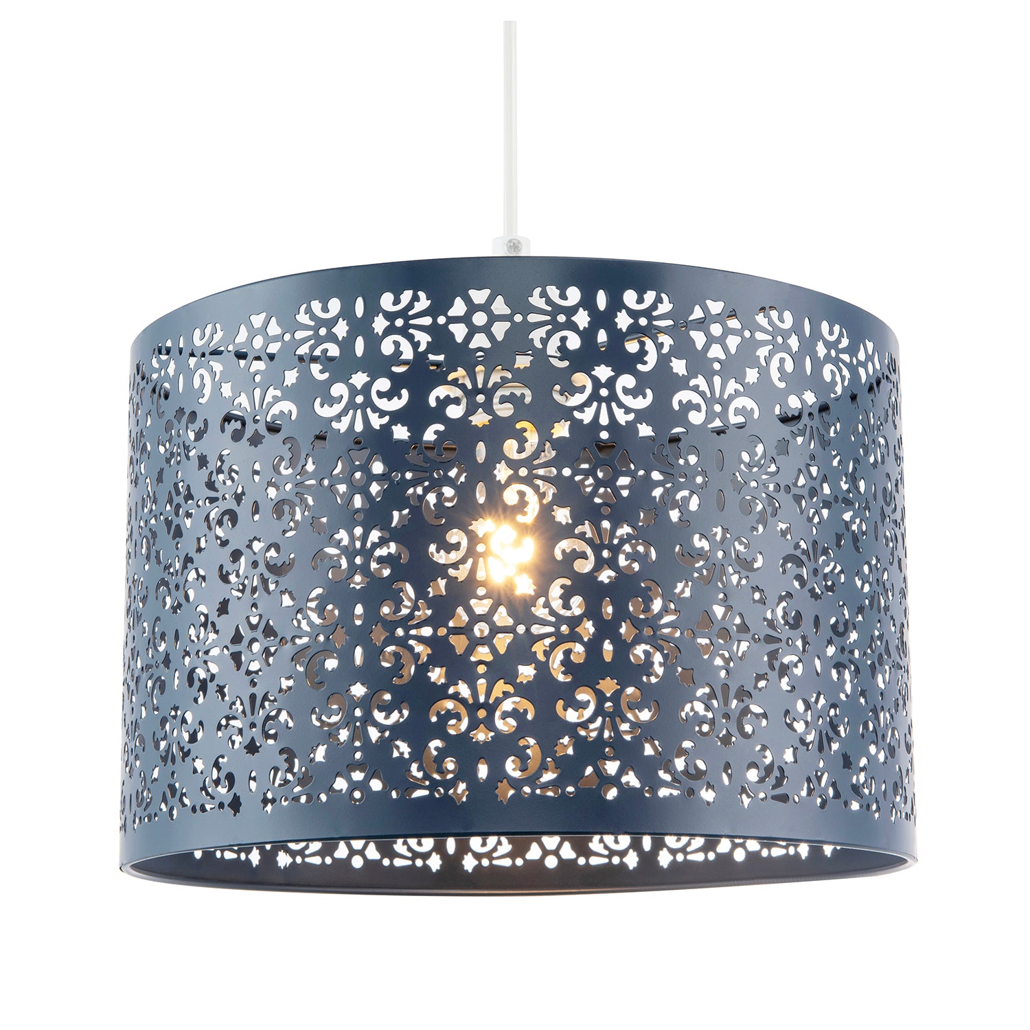 Midnight Blue Moroccan Metal Pendant Lamp Shade with Floral Decoration Image 2