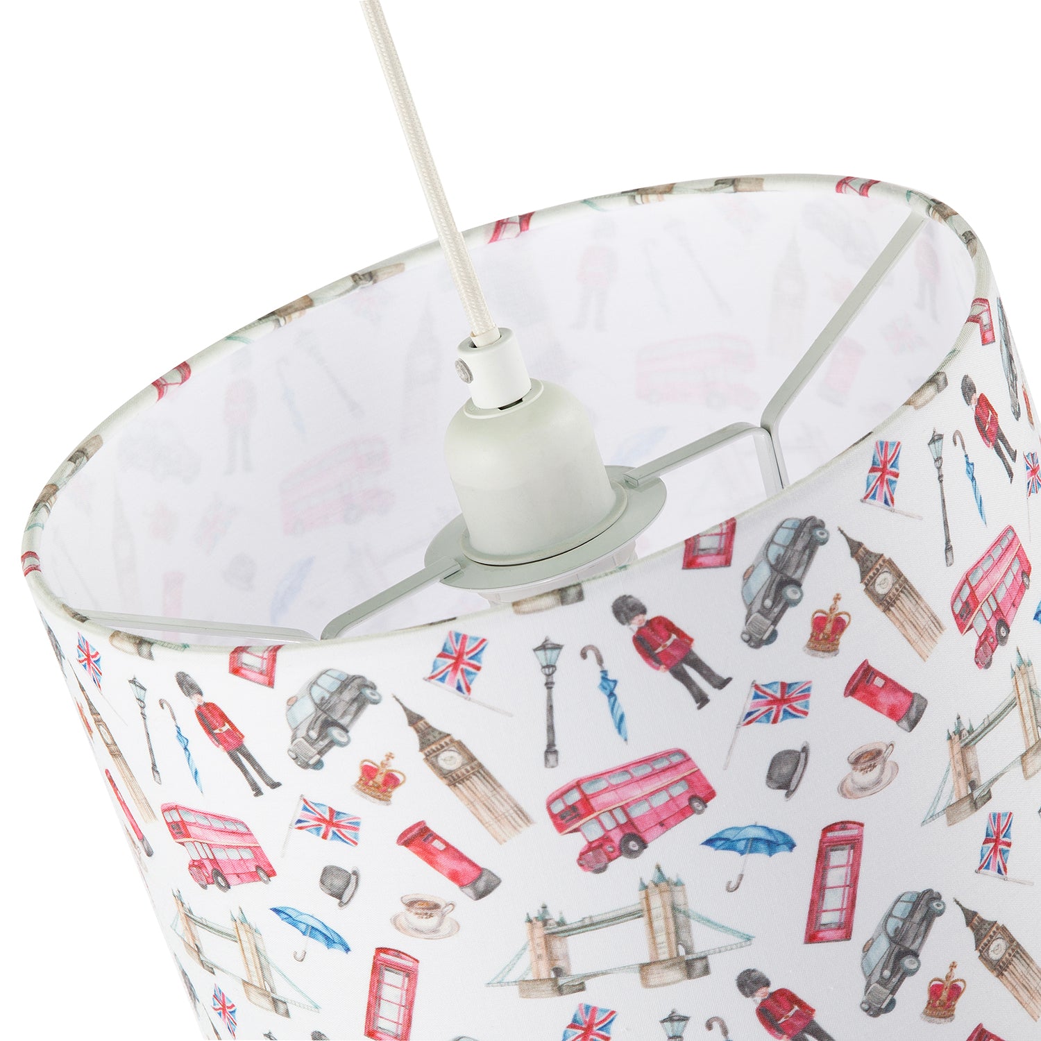 London Themed Cotton Lamp Shade with Red Buses Post Boxes Black Taxis Image 3