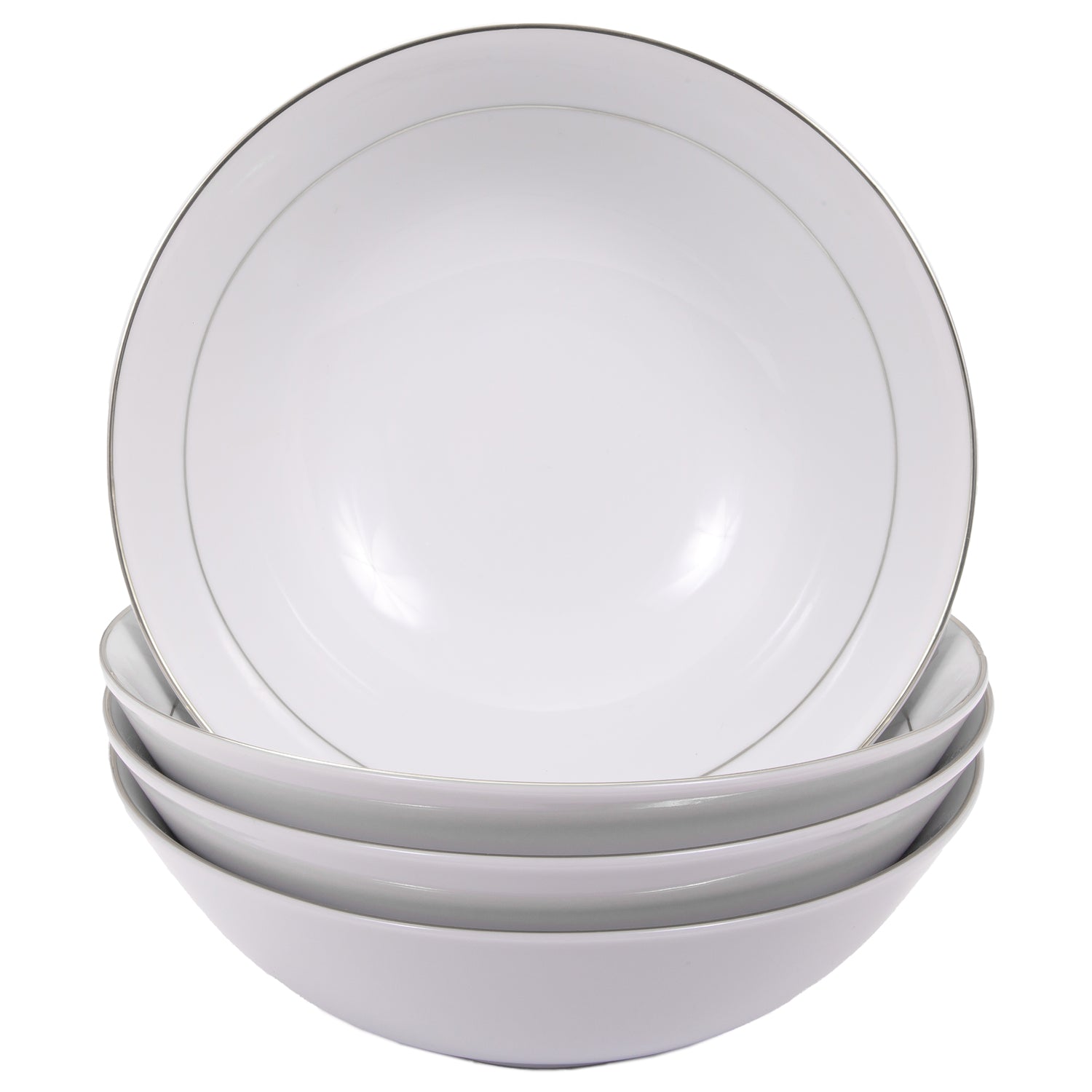 Set of 4 Durable White Ceramic Dinner Bowls with Dual Silver Metallic Rims Image 1