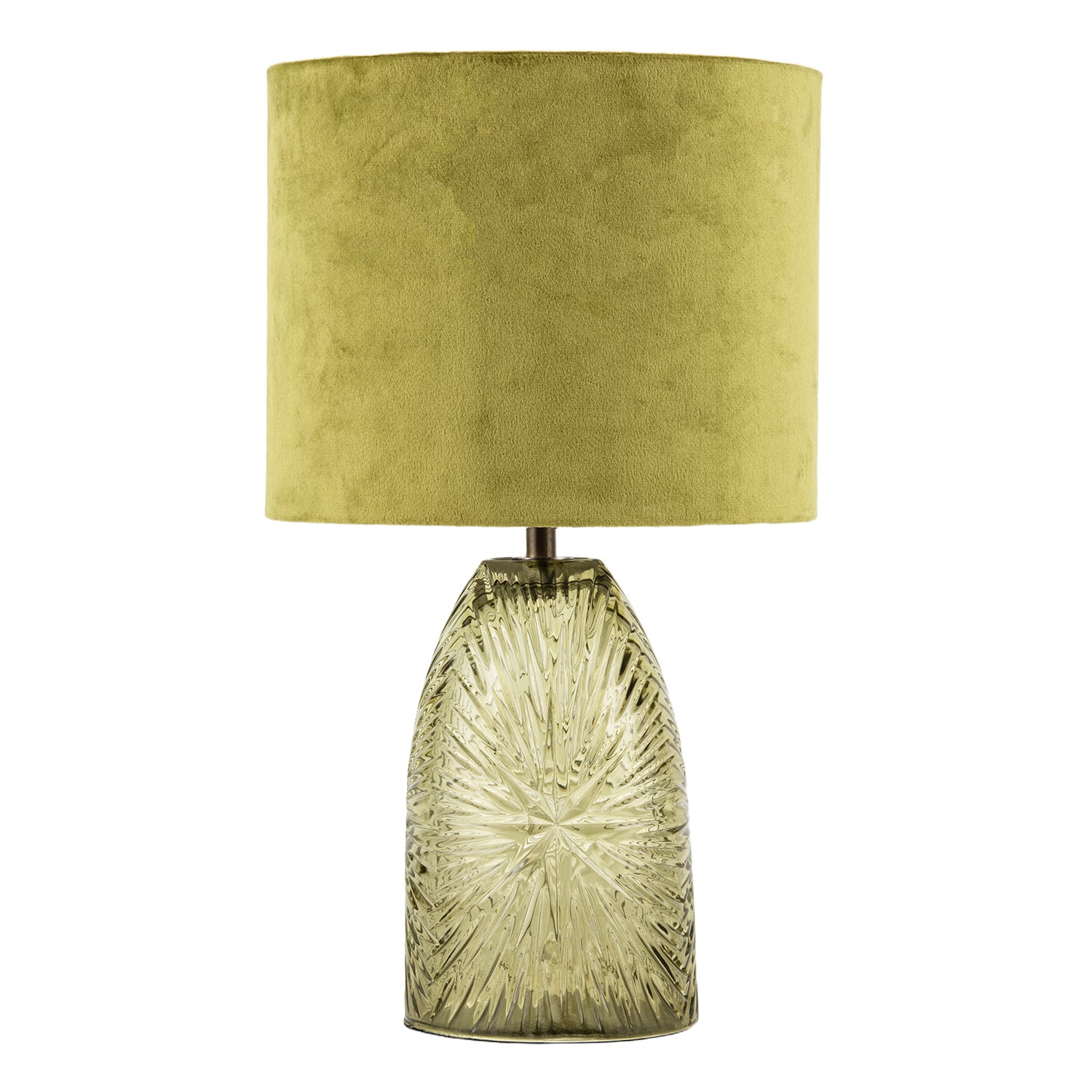 Modern Table Lamp with Faceted Glass Base and Olive Green Velvet Shade Image 1