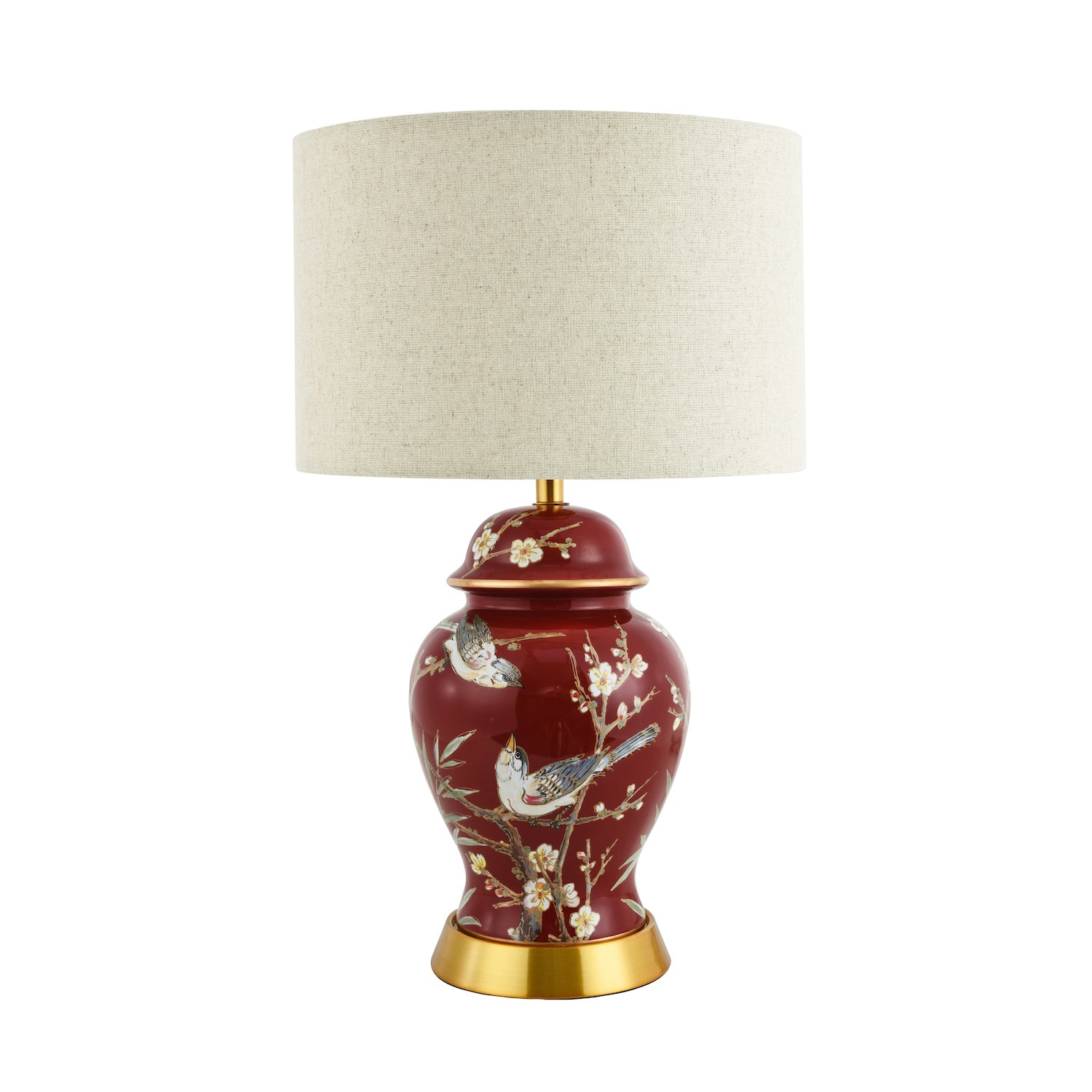 Classic Ceramic Lamp Base in Glossy Dark Burgundy with Birds and Floral Decor Image 4