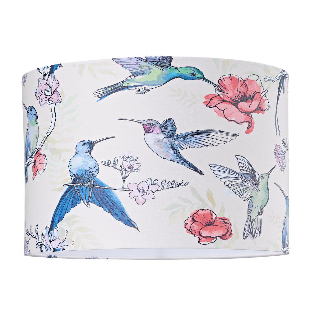 Beautifully Designed Bird Themed 30cm Drum Shade with Colourful Floral Accents Image 1