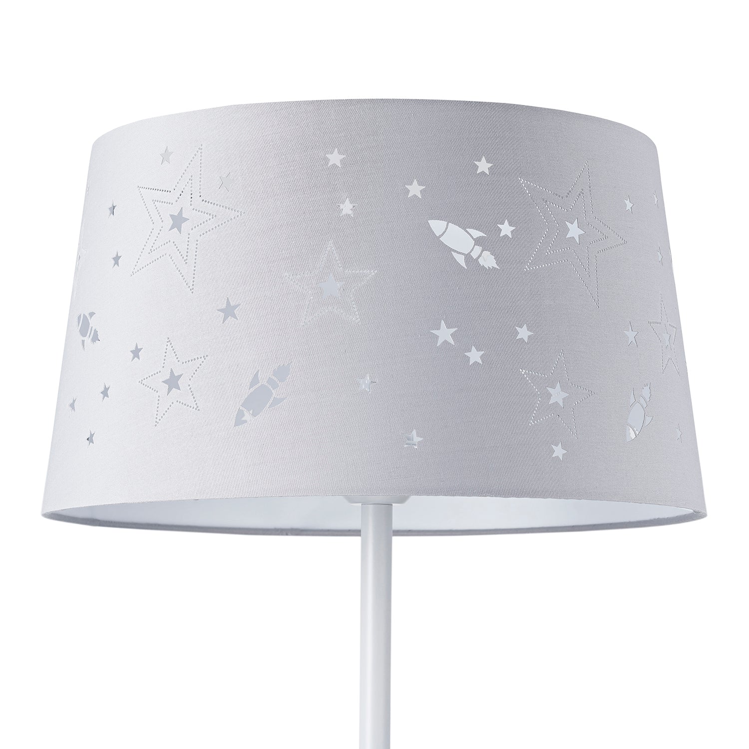 Fun and Chic Grey Floor Lamp with Cotton Fabric Shade with Rockets and Stars Image 2