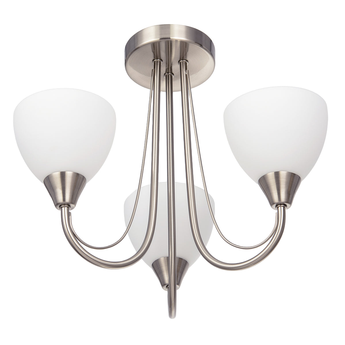 Chic Satin Nickel Three Arm Ceiling Light with Opal White Glass Shades Image 5