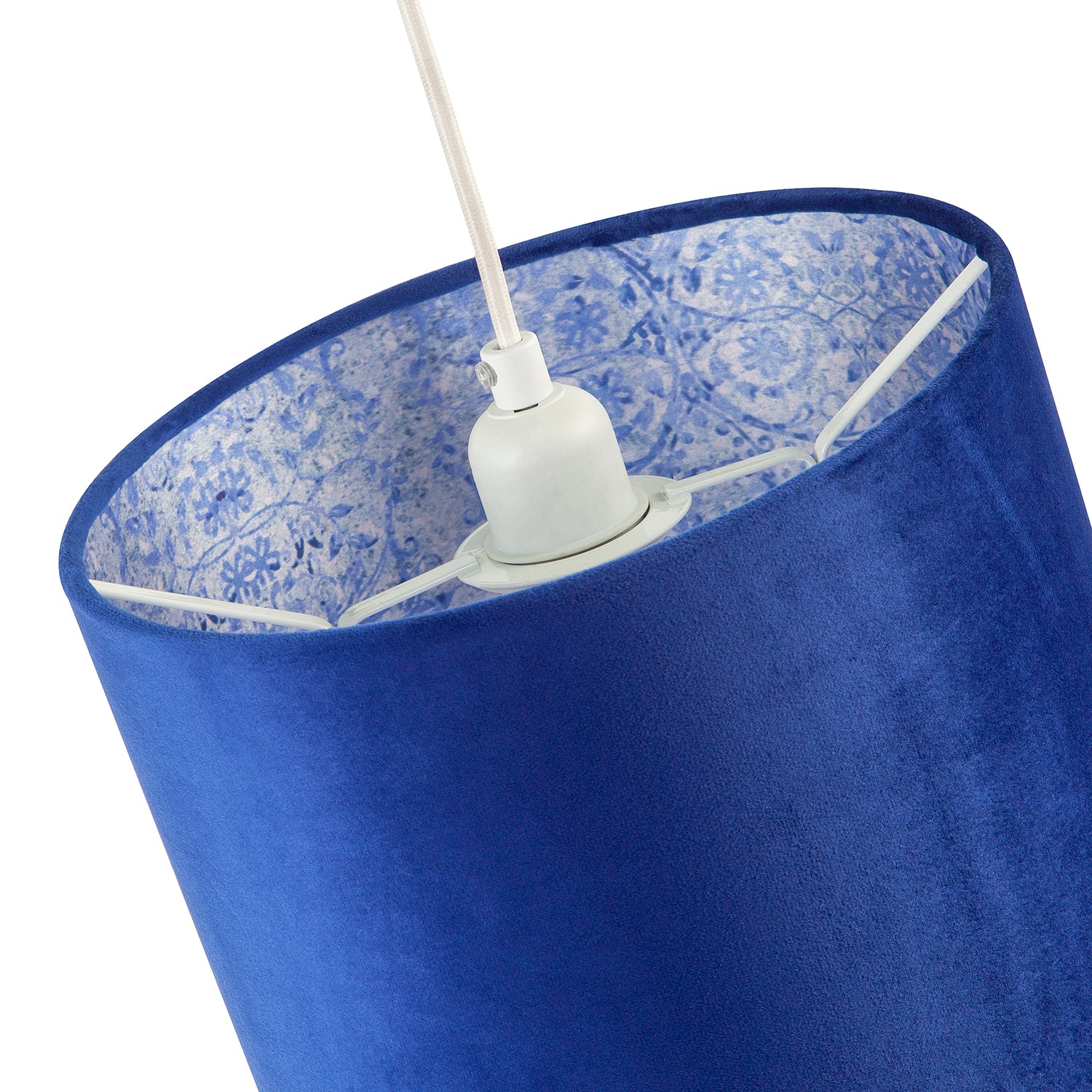 Deep Sea Blue Velvet Drum Lamp Shade with Inner Floral Pattern Lining Image 4