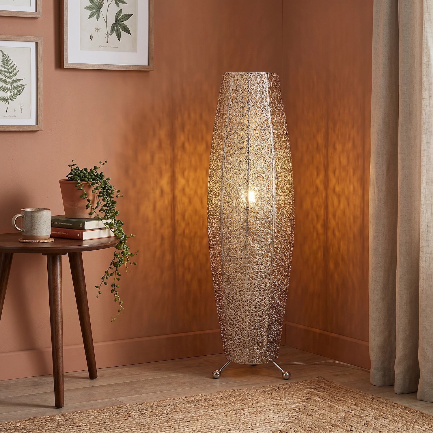 Traditional and Ornate Floral Moroccan Floor Lamp in Polished Silver Image 6