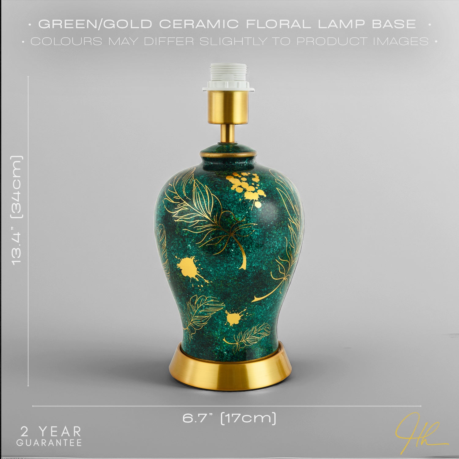 Vivid Emerald Green Ceramic Table Lamp Base with Gold Foil Flowers and Splashes Image 6