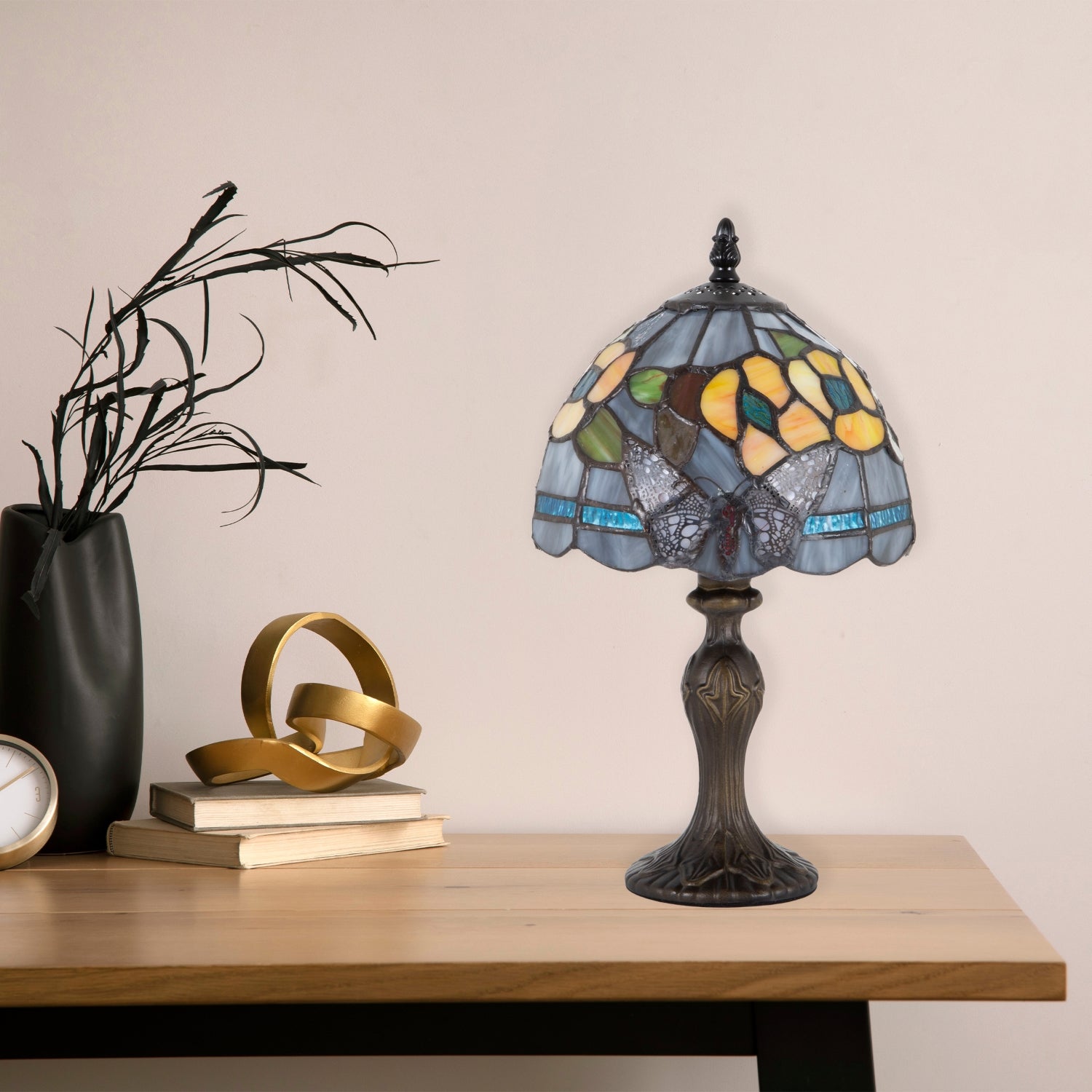 Purple Stained Glass Butterfly Tiffany Lamp with Amber Roses and Sky Blue Strips Image 6