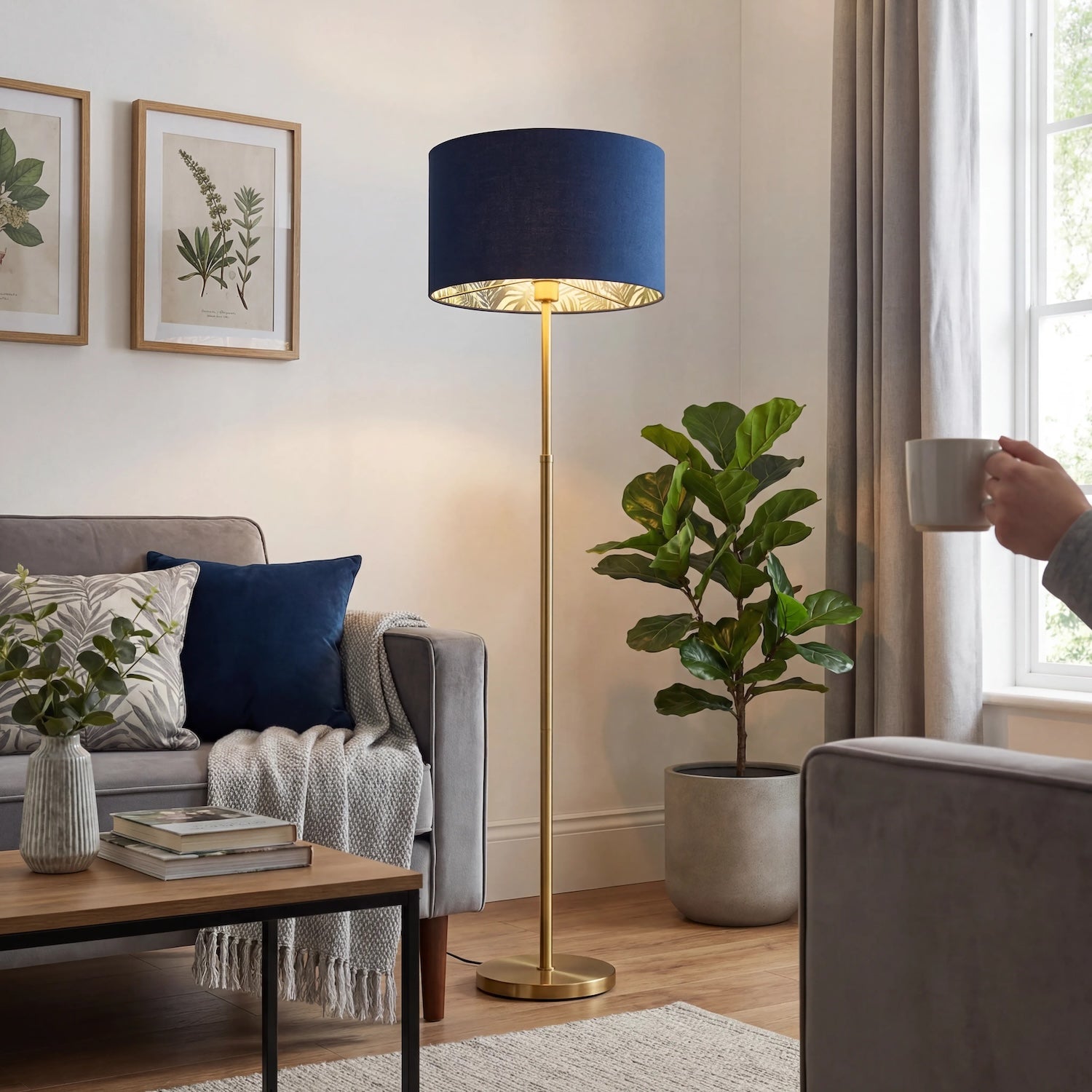 Modern Midnight Blue Linen Lamp Shade with Leaf Floral Pattern Lining Image 6