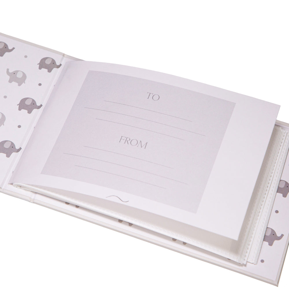 Cute Baby Elephant Grey Photo Album with Silver Stars and Palm Leaves Image 2