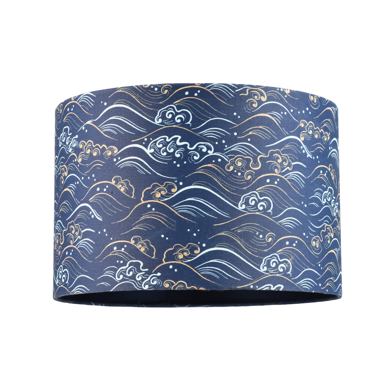 Round 30cm Lamp Shade in Midnight Blue Cotton Fabric with Gold and White Waves Image 1