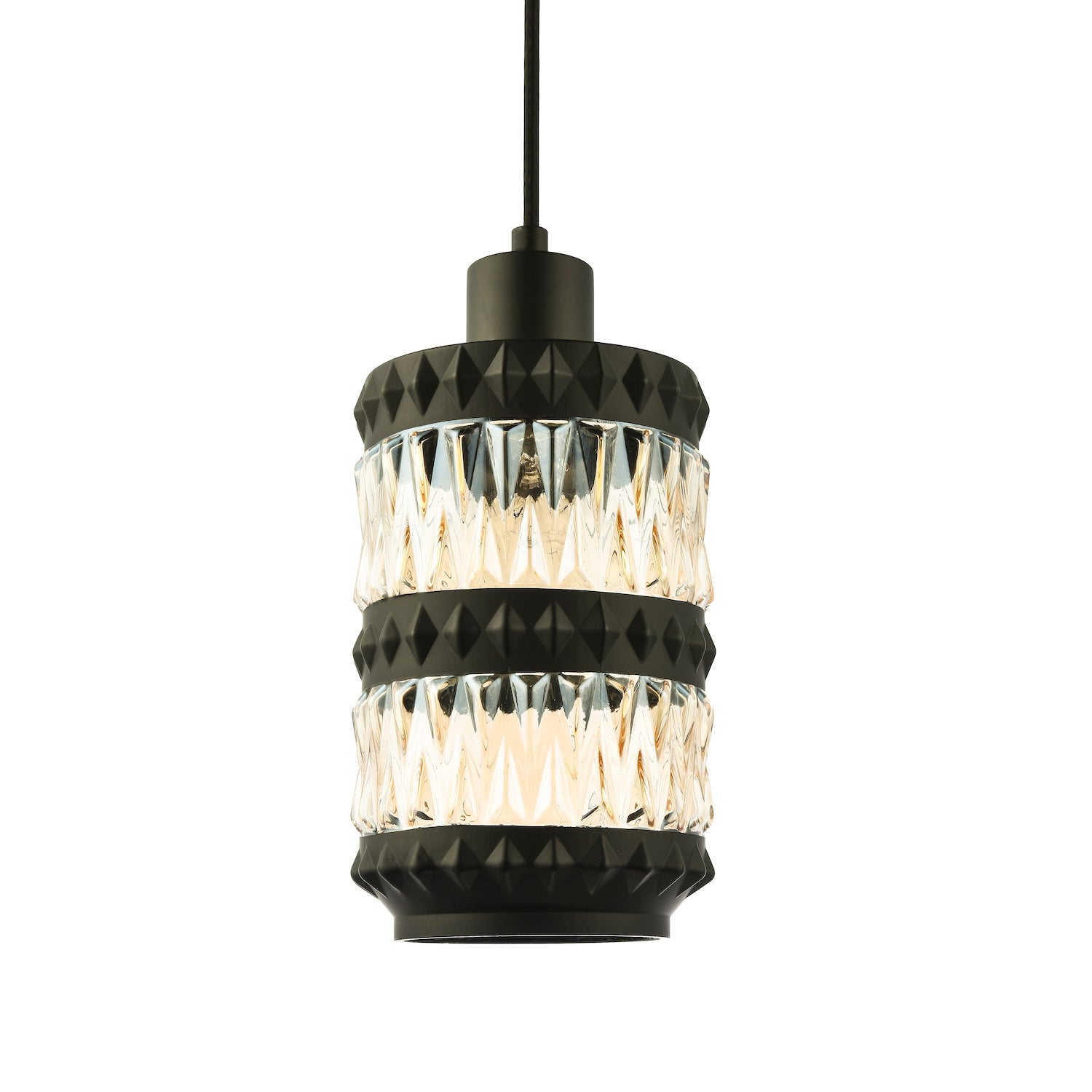 Traditional Can Shaped Pendant Shade in Matte Black with Amber Glass Sections Image 2