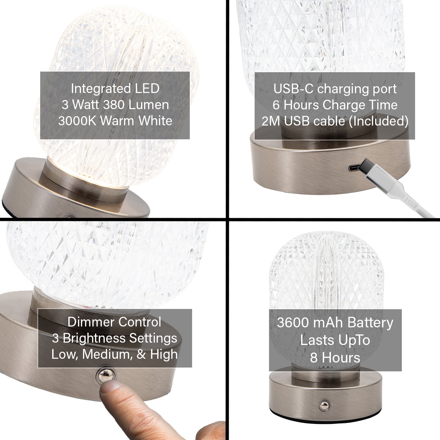 Modern Nickel Rechargeable Touch Dimmable Table Lamp with Glass Shade Image 4