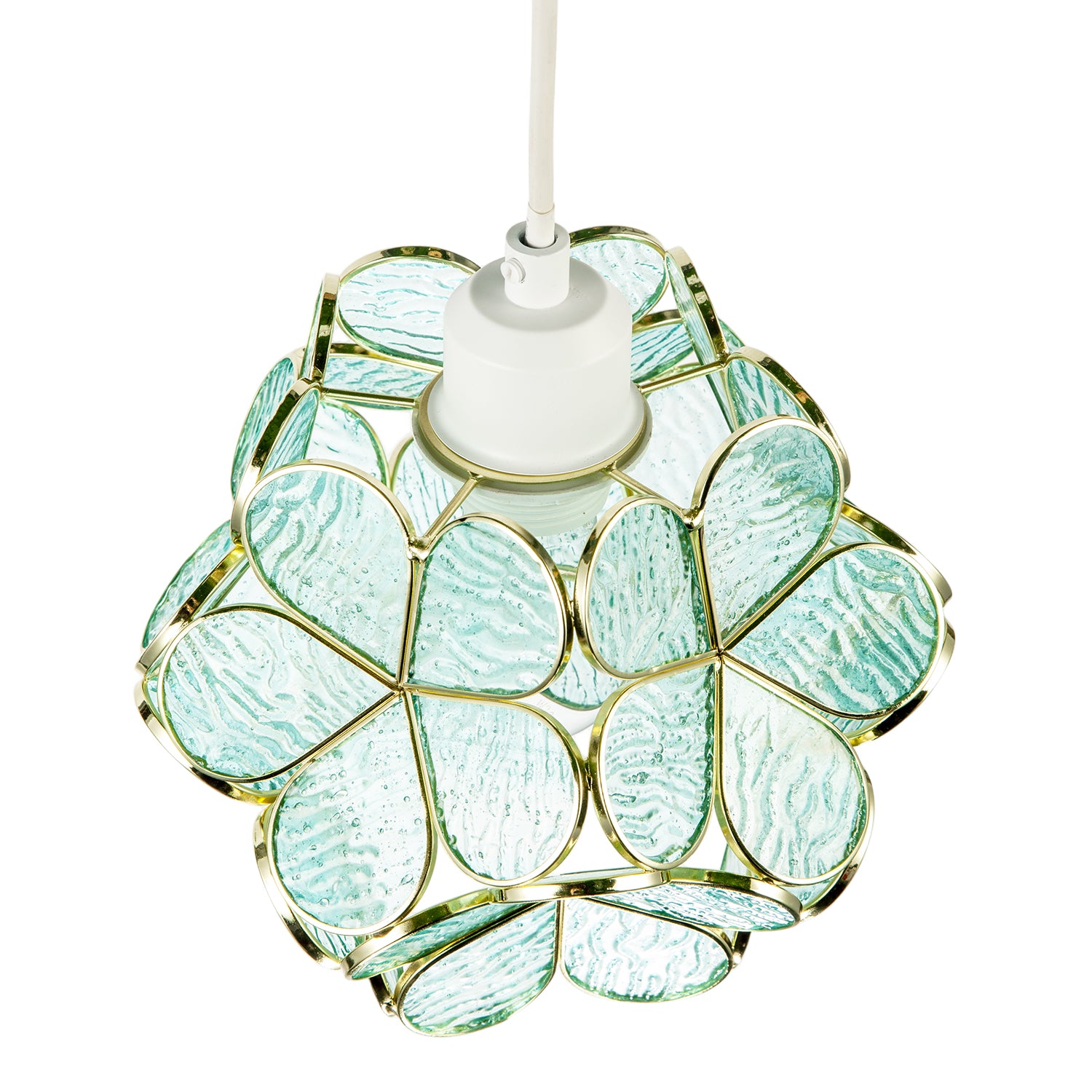 Floral Petal Pendant Light Shade with Teal Glass and Shiny Gold Frame Image 3