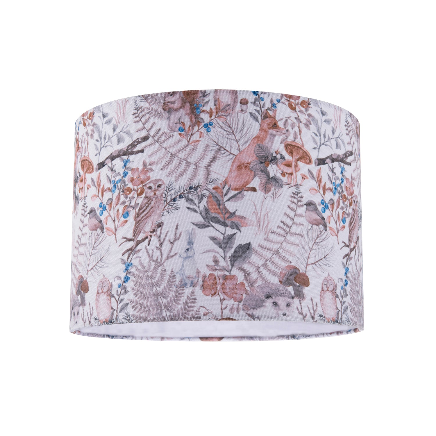 Autumnal Linen Lamp Shade with Woodland Creatures Owls Birds Badgers Image 1