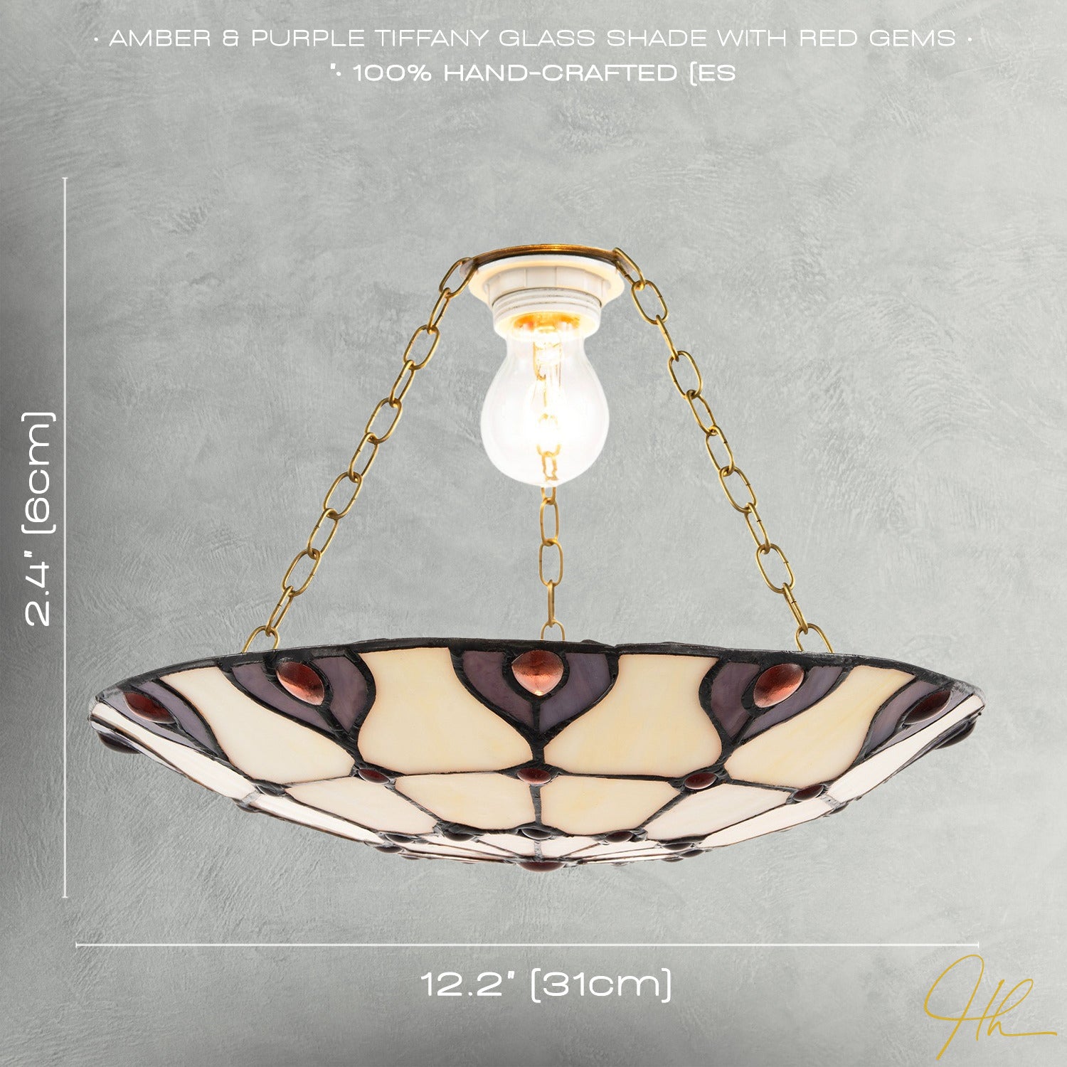 Purple and Amber Stained Glass Tiffany Pendant Shade with Red Beads Image 7