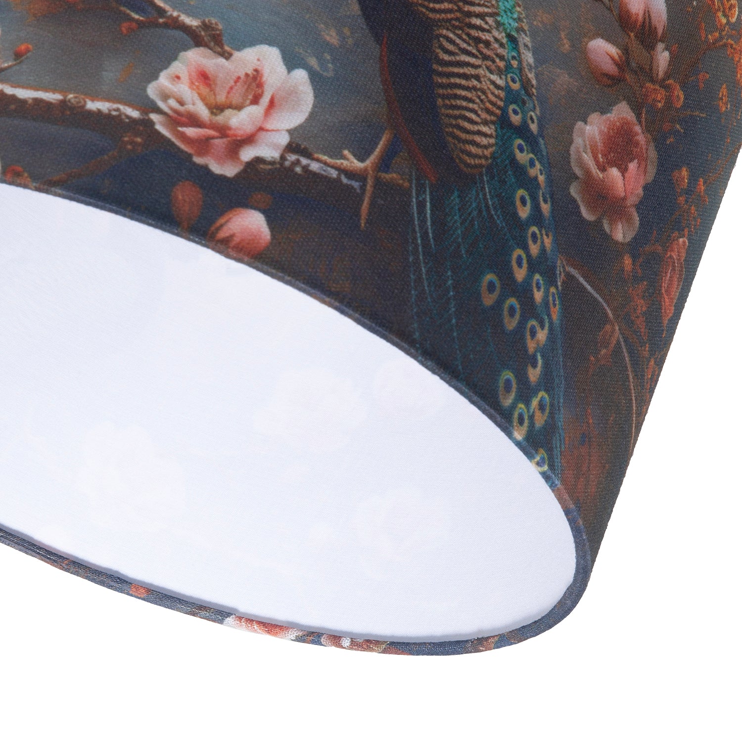 Dark and Moody Peacock Design Linen Fabric Lamp Shade with Pink Roses Image 5