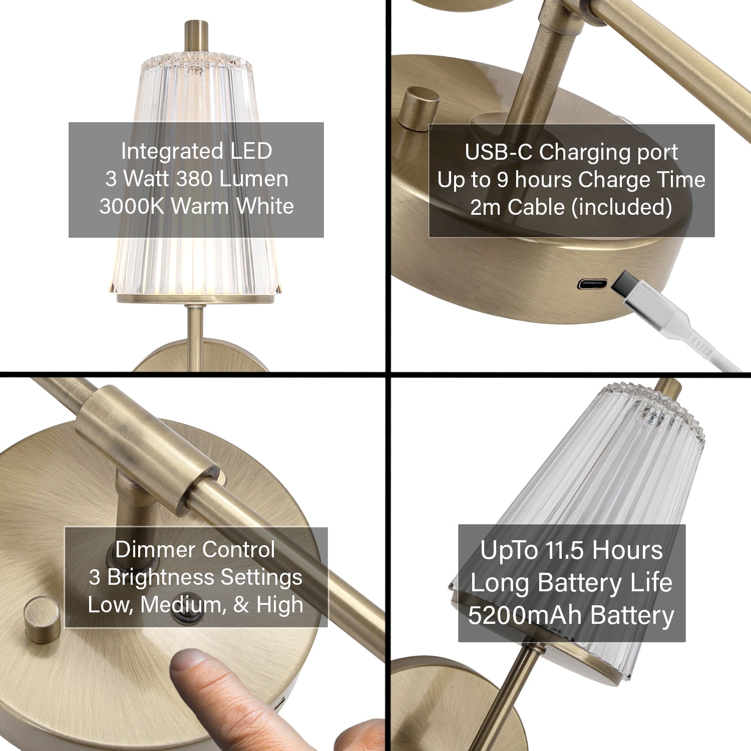 Antique Brass Wireless Rechargeable Touch Dimmer Wall Light with Ribbed Shade Image 5