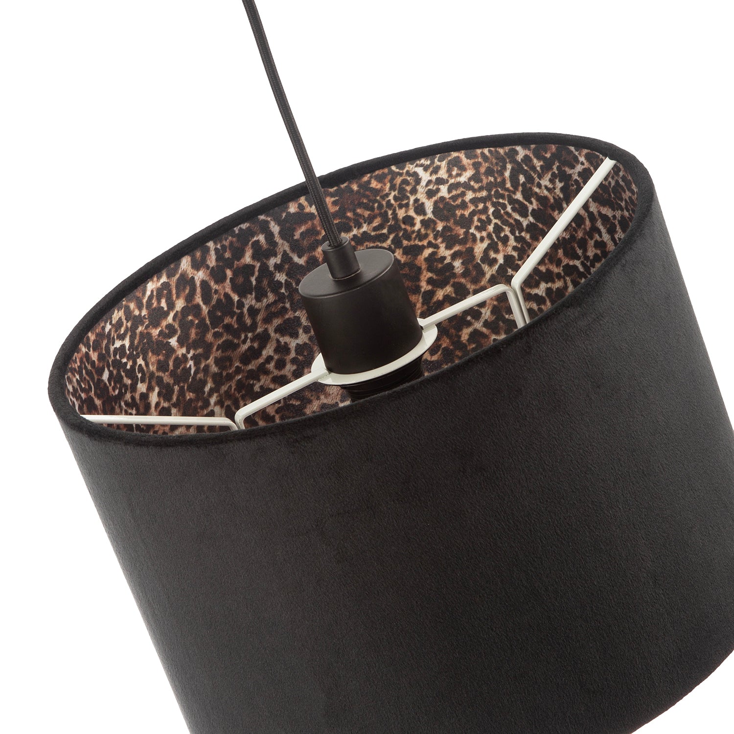Black Velvet Lamp Shade with Inner Leopard Print Satin Shimmer Lining Image 3