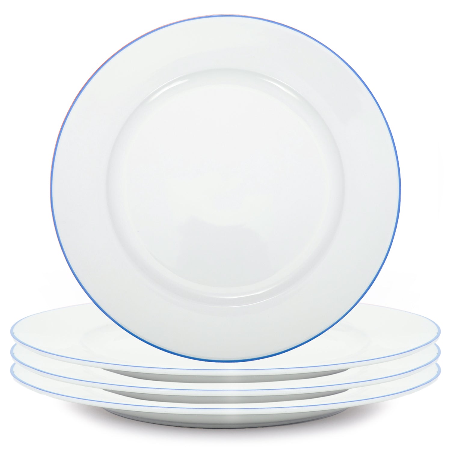 Set of 4 Durable White Ceramic Dinner Plates with Elegant Blue Rim Image 1