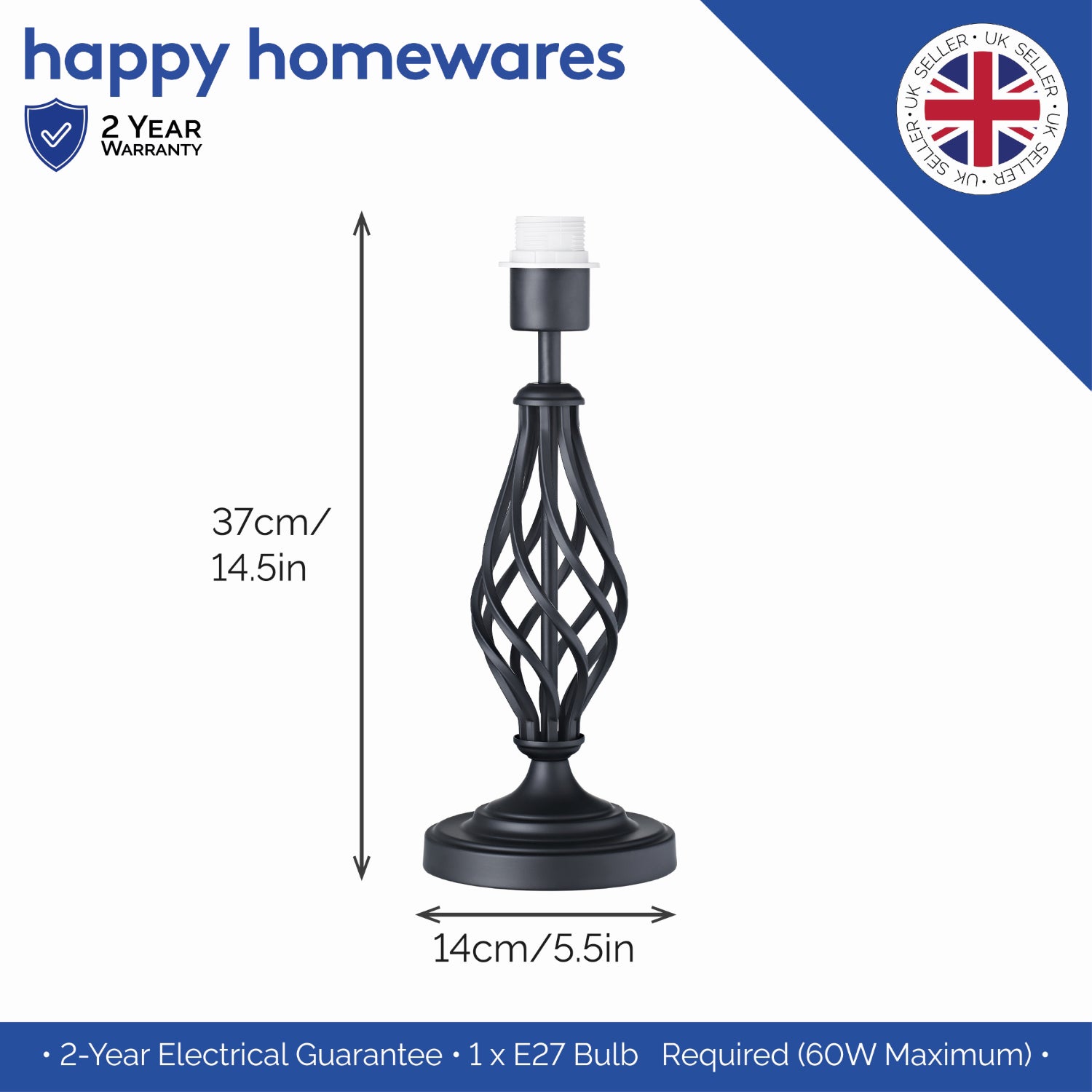 Traditional Black Table Lamp Base with Twist Metal Stem Design and Inline Switch Image 4