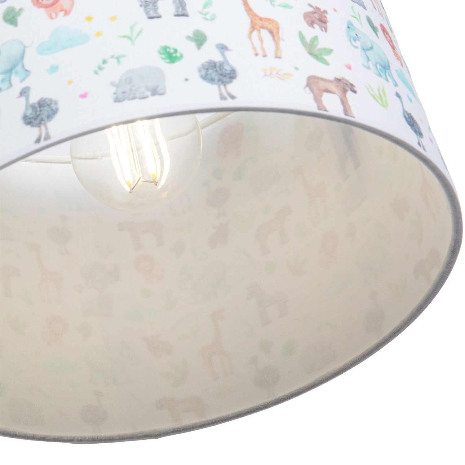 Safari Themed White Cotton Lamp Shade with Hand Drawn Pastel Coloured Animals Image 4