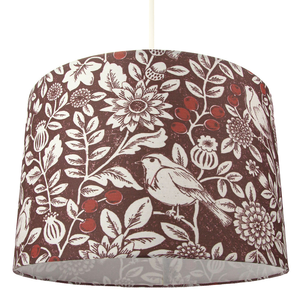 Autumnal Themed Burgundy 12" Lamp Shade with Floral Decoration and Sitting Birds Image 2