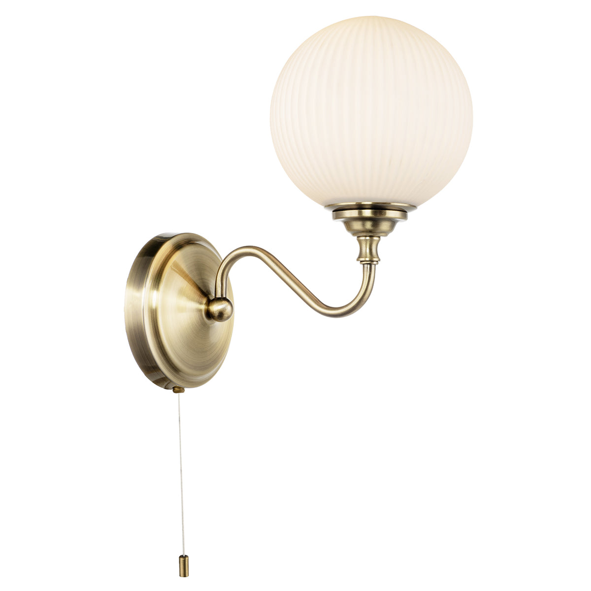 Switched Classic Antique Brass Wall Lamp with Opal White Ribbed Glass Image 2