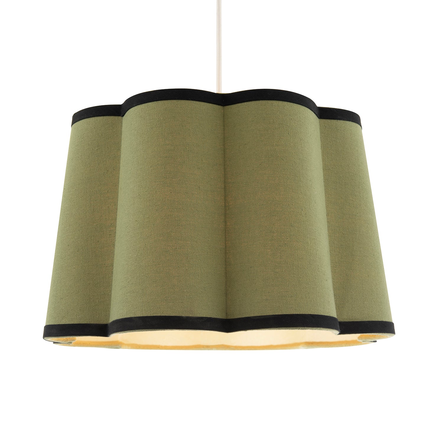 Olive Green Linen Scallop Drum Lamp Shade with Black Cotton Trims Image 2