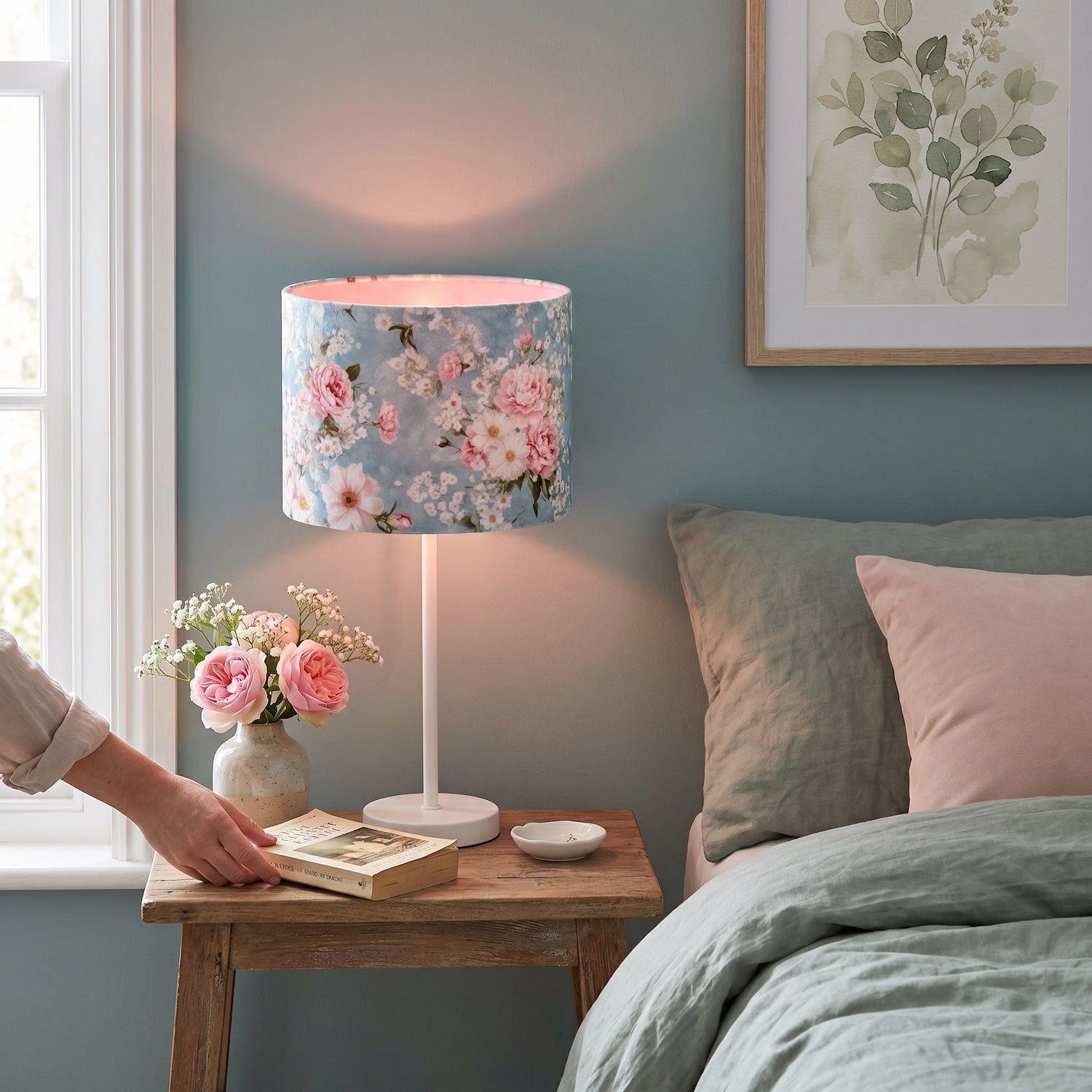 Vintage Chic Sky Blue Velvet Lamp Shade with Pink and White Flowers Image 6