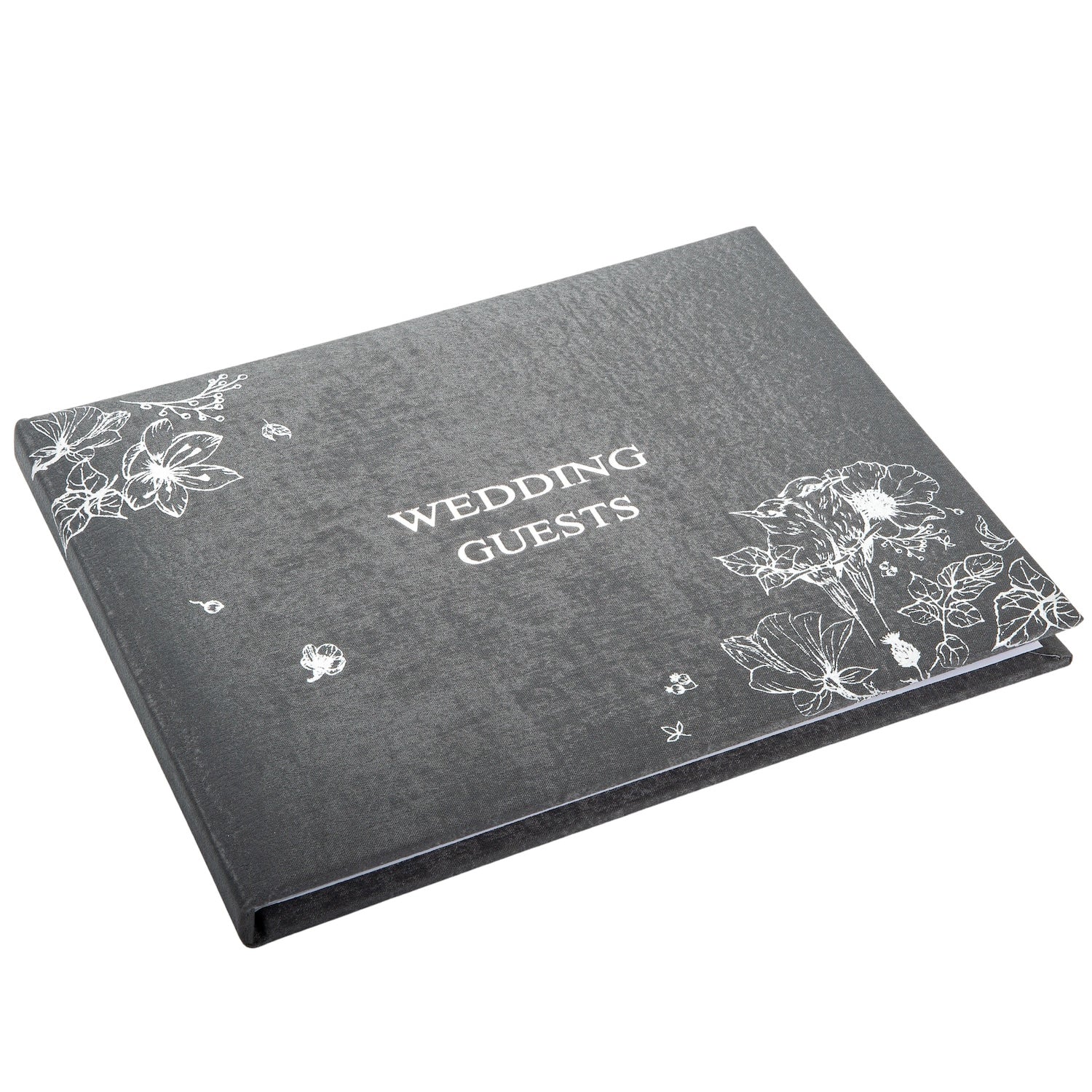 Beautiful Black Satin Fabric Wedding Day Guest Book with Silver Floral Decor Image 2