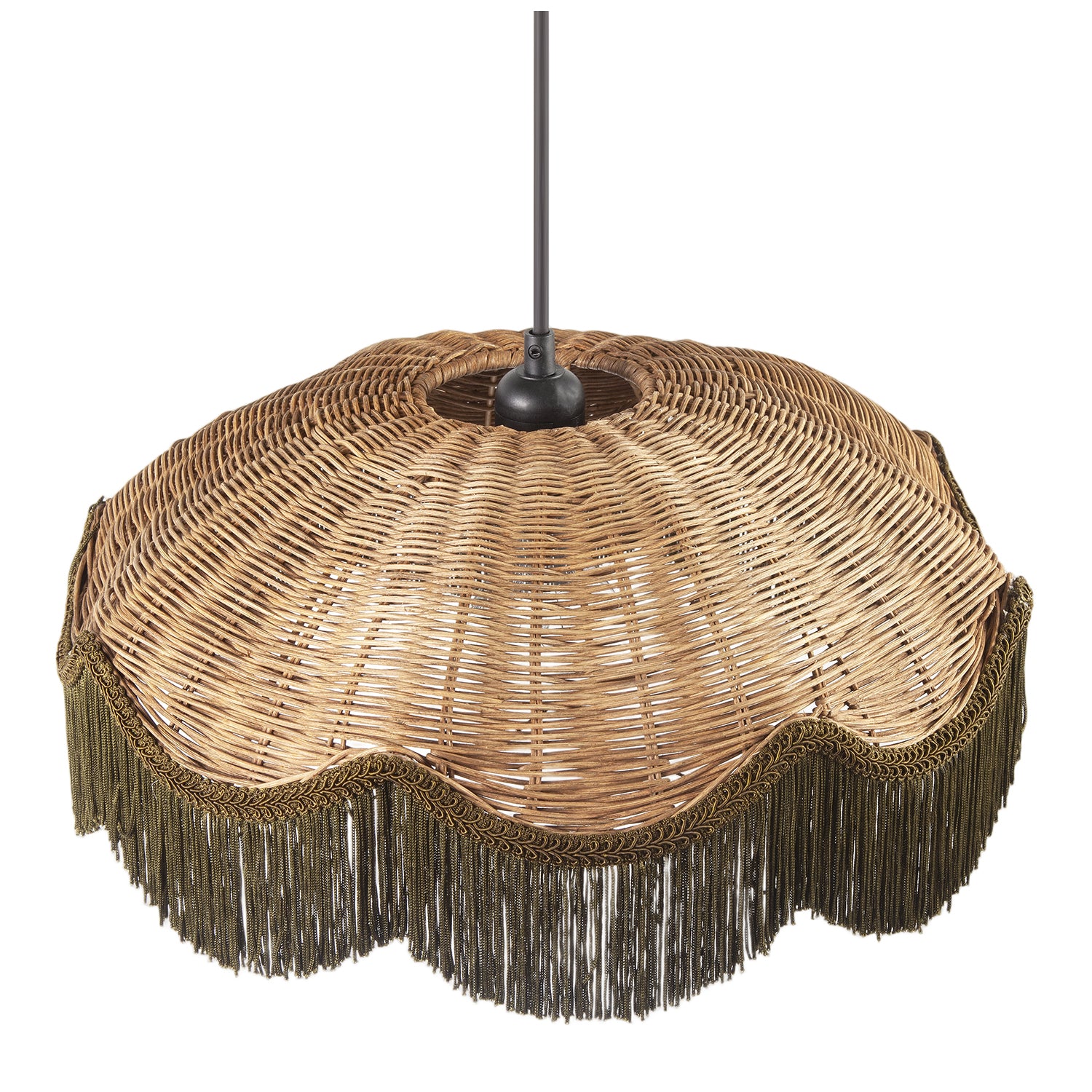 Woven Rattan Pendant Ceiling Shade with Forest Green Trim and Tassels Image 3