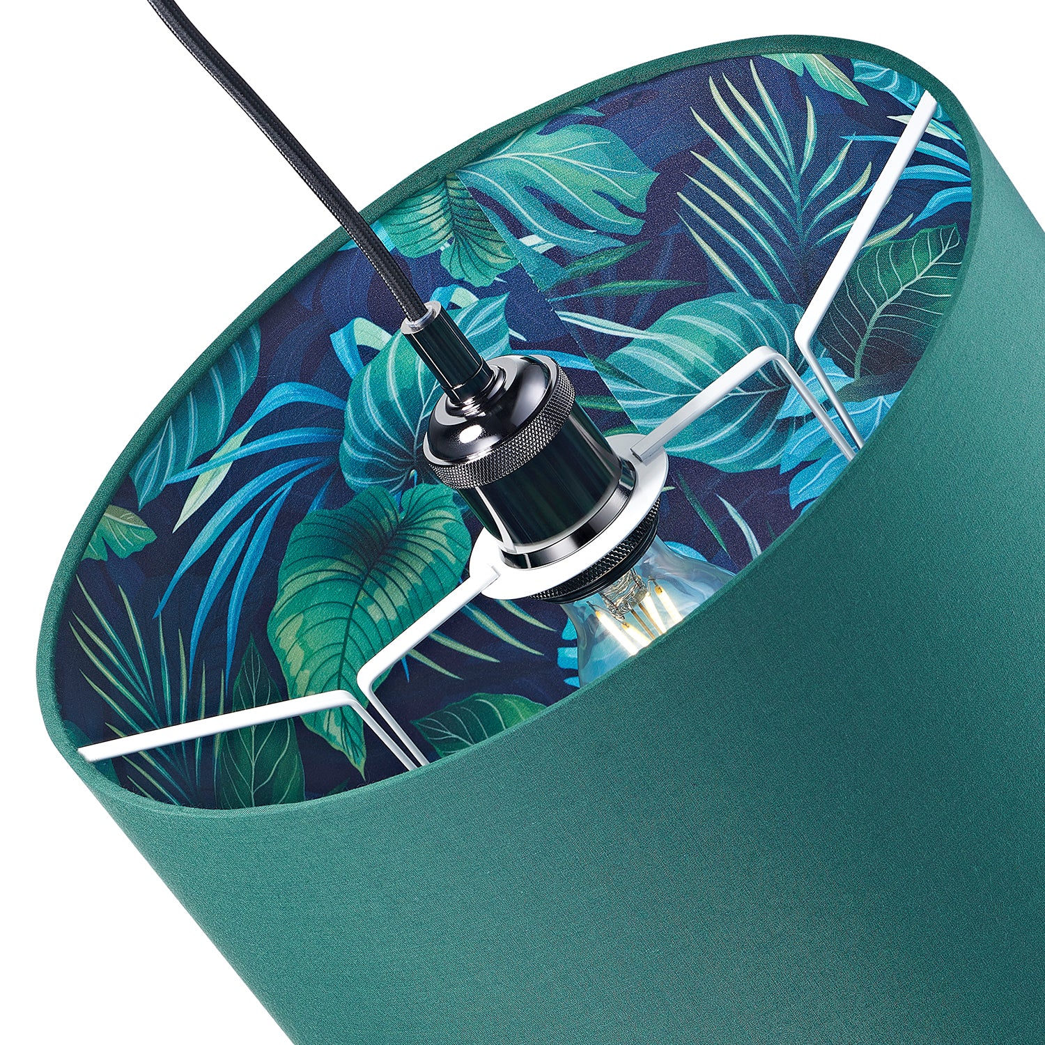 Stylish Forest Green Cotton Fabric Lamp Shade with Inner Jungle Palm Tree Print Image 4