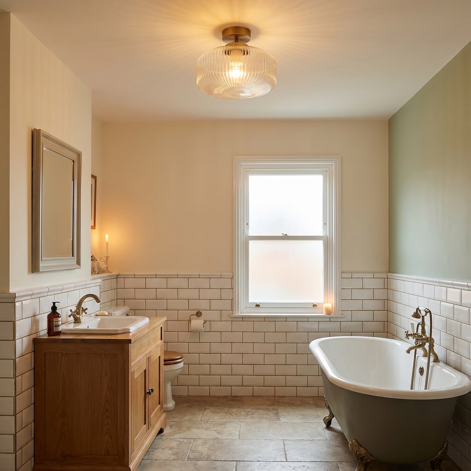 Modern Bathroom Ceiling Light with Clear Fluted Glass in Antique Brass Image 6