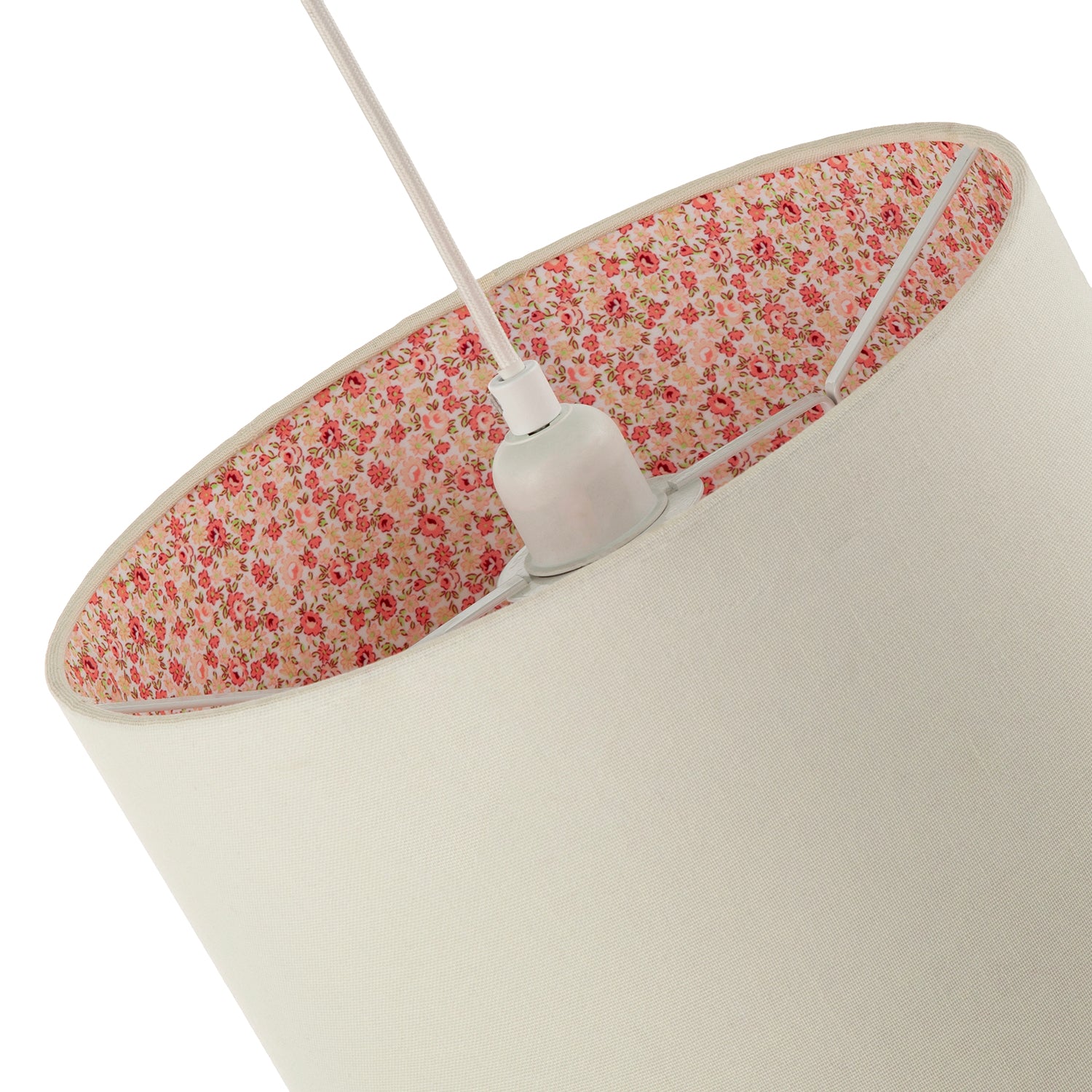 Cream Linen Lamp Shade with Inner Pink and Red Floral Fabric Lining Image 5