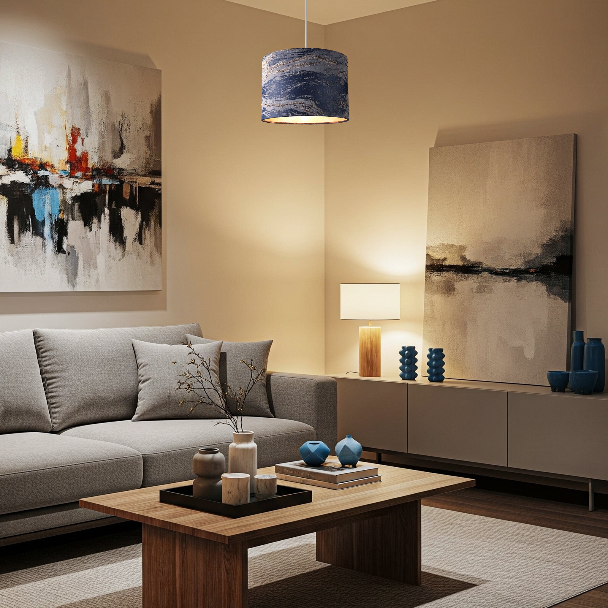 Navy Blue Jacquard Cotton Lamp Shade with Gold Leaf Foil Wavy Decor Image 6