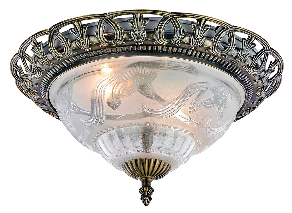 Traditional and Classic Antique Brass and Floral Glass Flush Ceiling Light Image 1