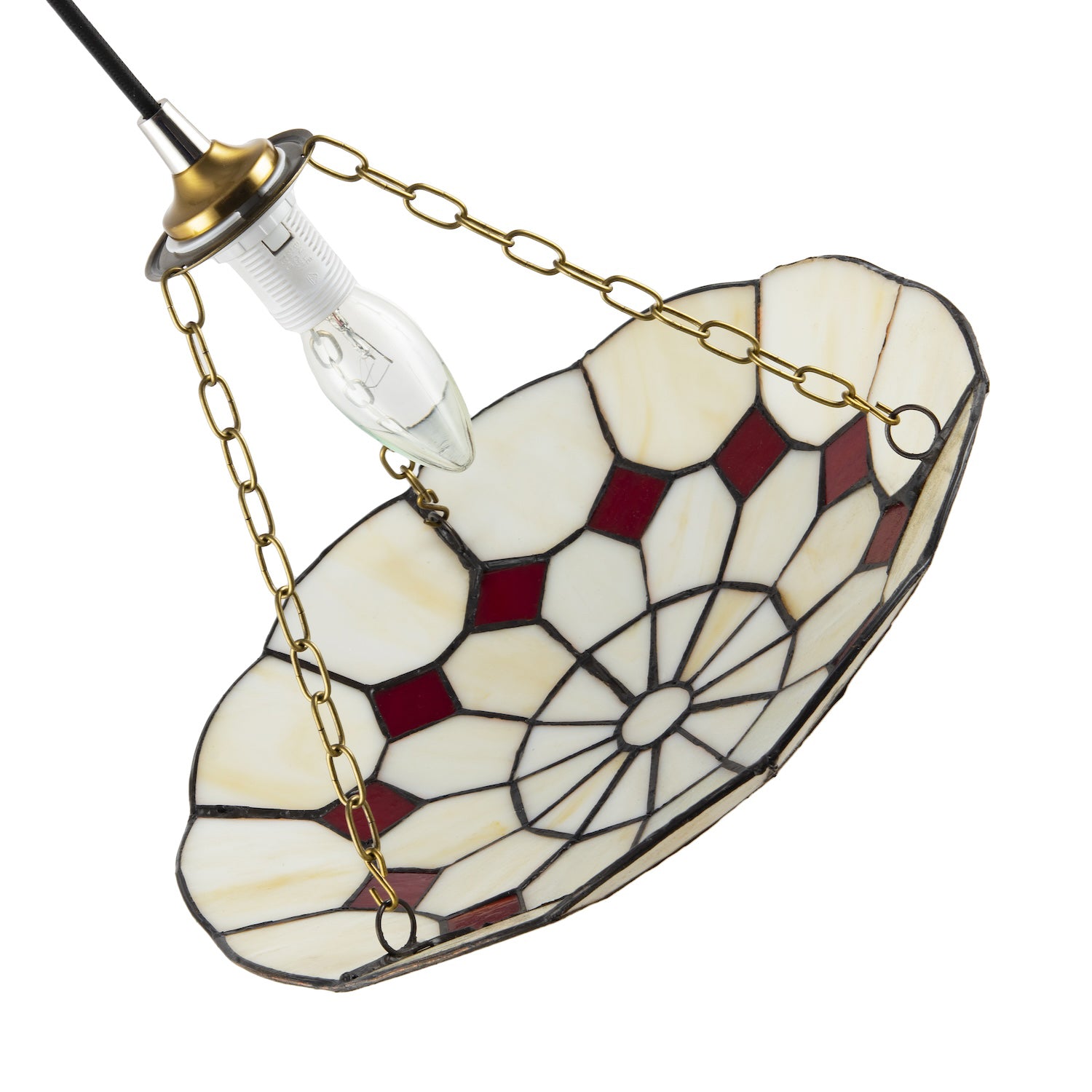 Classic Amber Stained Glass Tiffany Pendant Lighting Shade with Red Diamonds Image 3