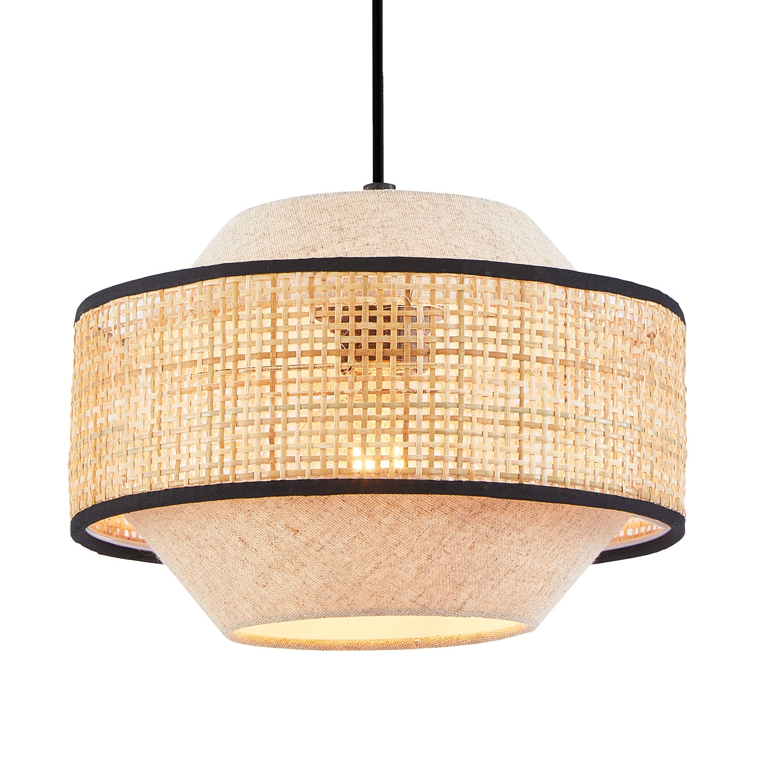 Natural Linen and Woven Rattan Pendant Ceiling Light with Black Trim and Cable Image 2