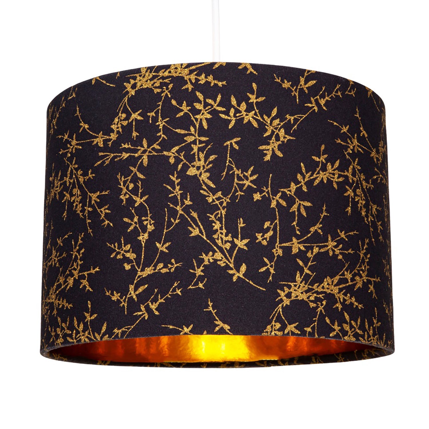 Modern Black Cotton Fabric 12" Lamp Shade with Gold Foil Floral Decoration Image 2