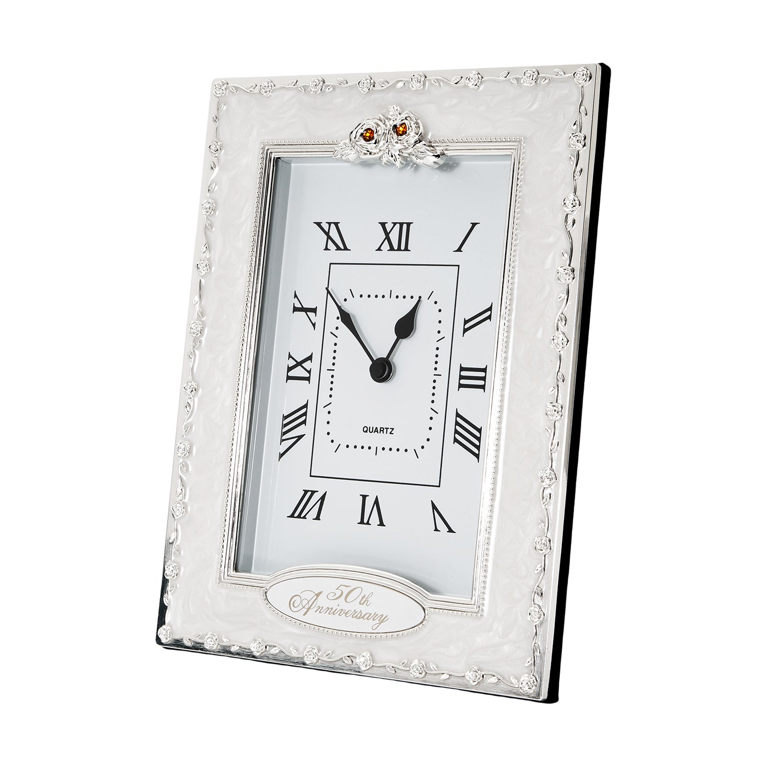 50th Anniversary Clock with Silver Plated Roses and Gold Diamantes Image 1