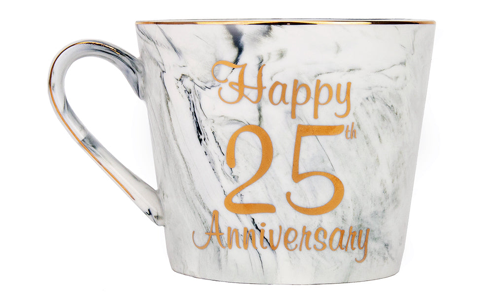 Beautiful 25th Anniversary Grey and Pink Marble Ceramic Mugs with Golden Trim Image 2