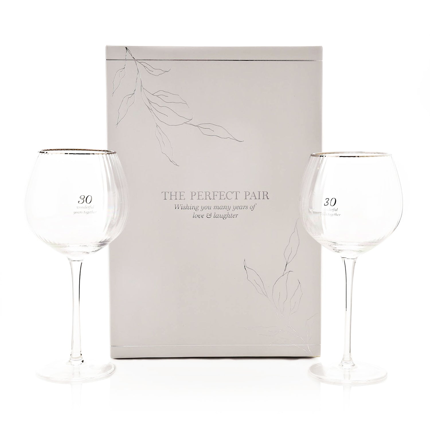 30th Anniversary Pair of Large Clear Ribbed Glass Gin Glasses with Gift Box Image 1