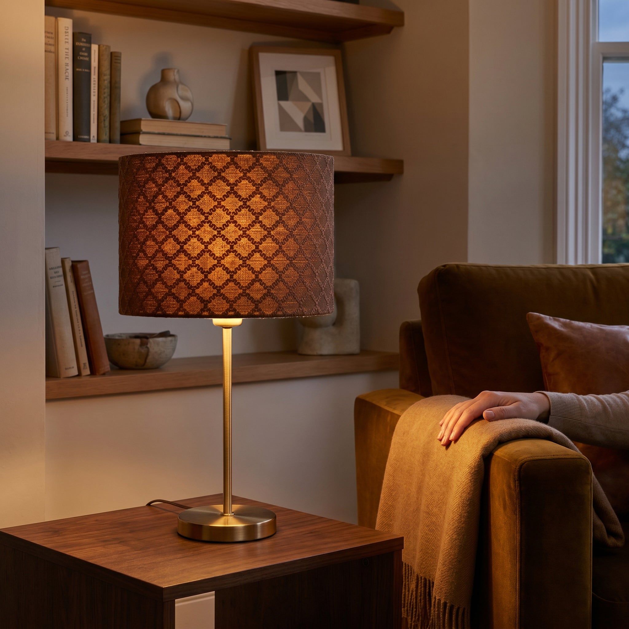 Contemporary Chocolate Brown Woven Lattice Lampshade in Textured Linen Image 6