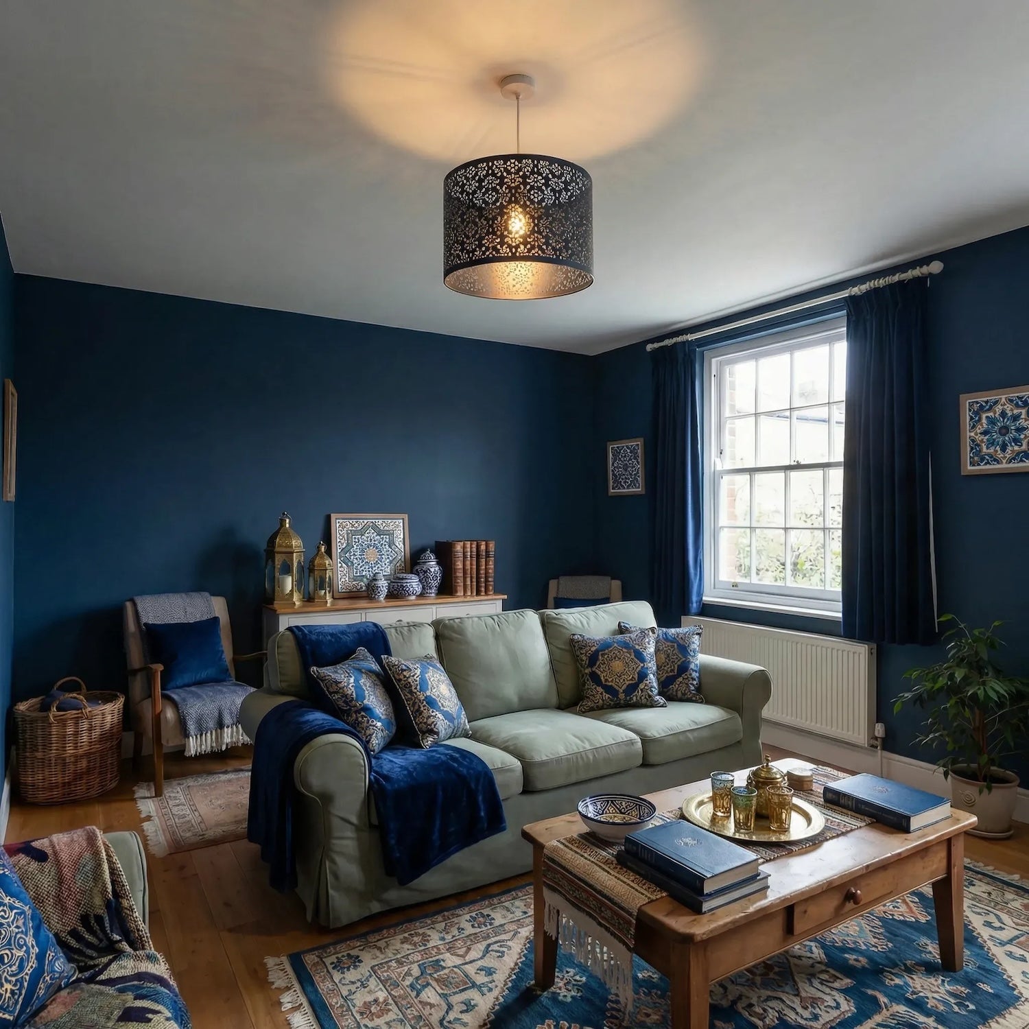 Midnight Blue Moroccan Metal Pendant Lamp Shade with Floral Decoration Image 6