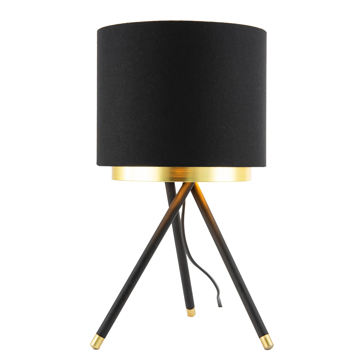 Black Tripod Table Lamp with Gold Metal Ring and Cotton Drum Shade Image 8