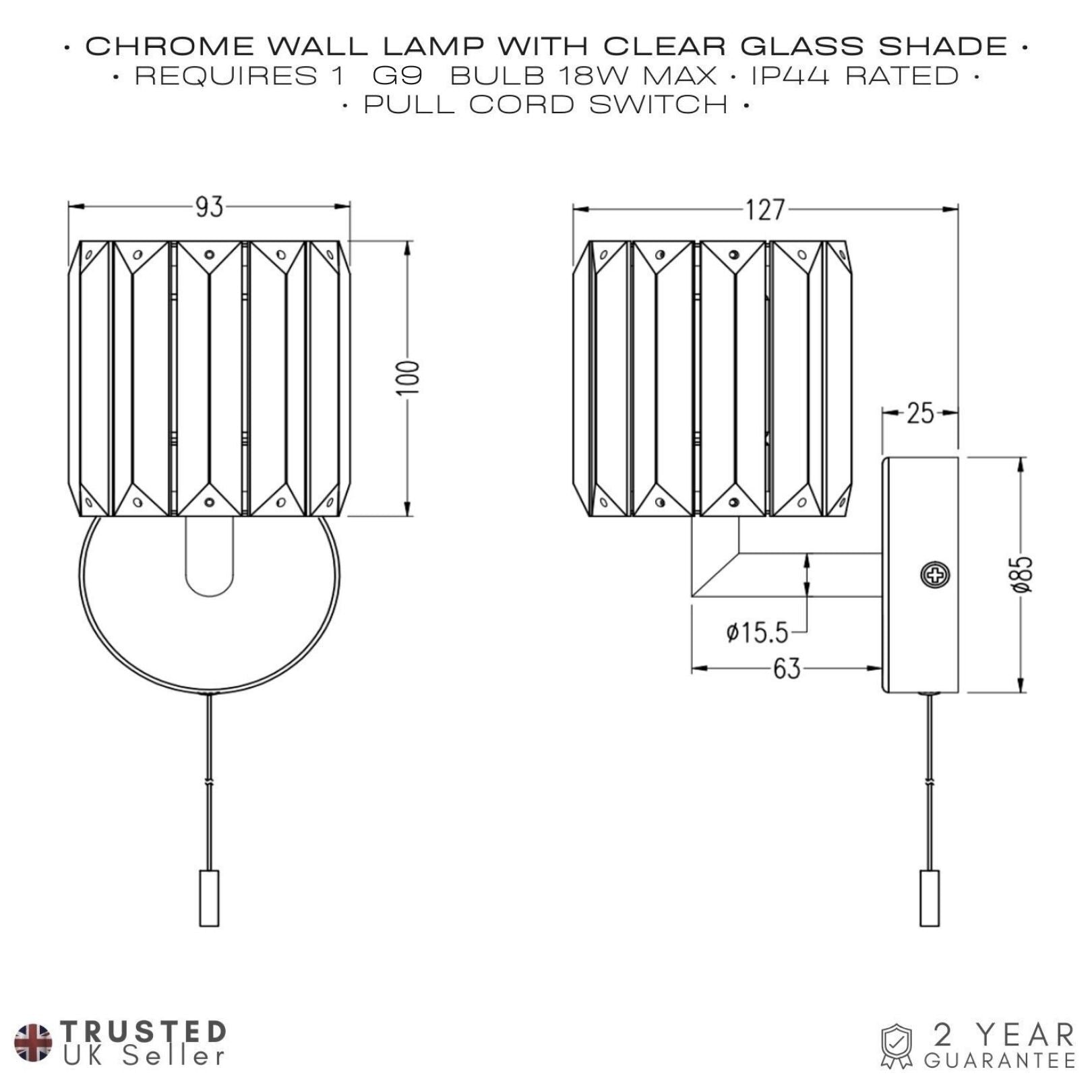 Modern Chrome Bathroom Light Fitting with Clear Glass Prisms and Pull Switch Image 6