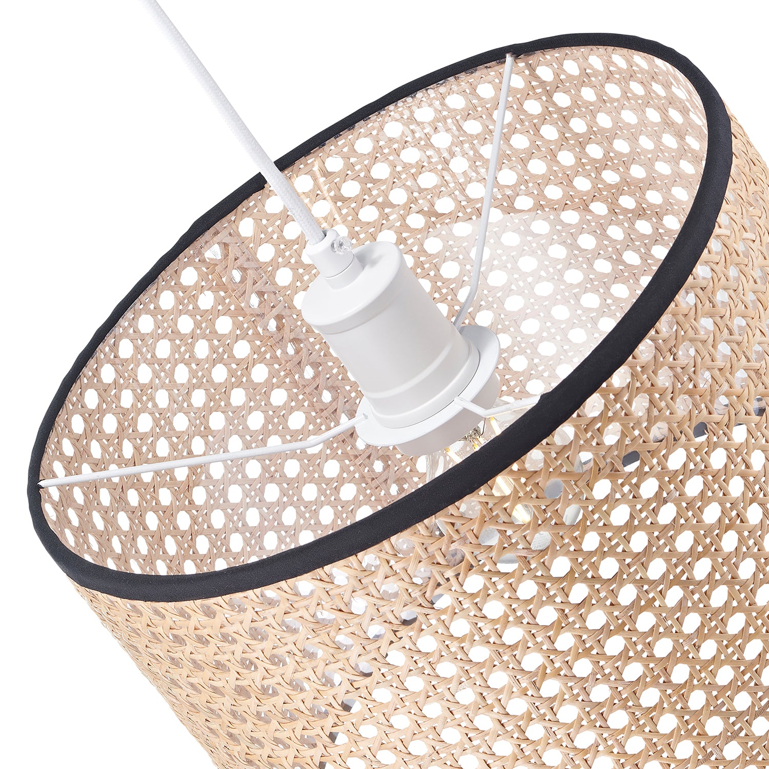 Natural Wicker Rattan Drum Shaped Pendant Lamp Shade with Black Cotton Trims Image 5