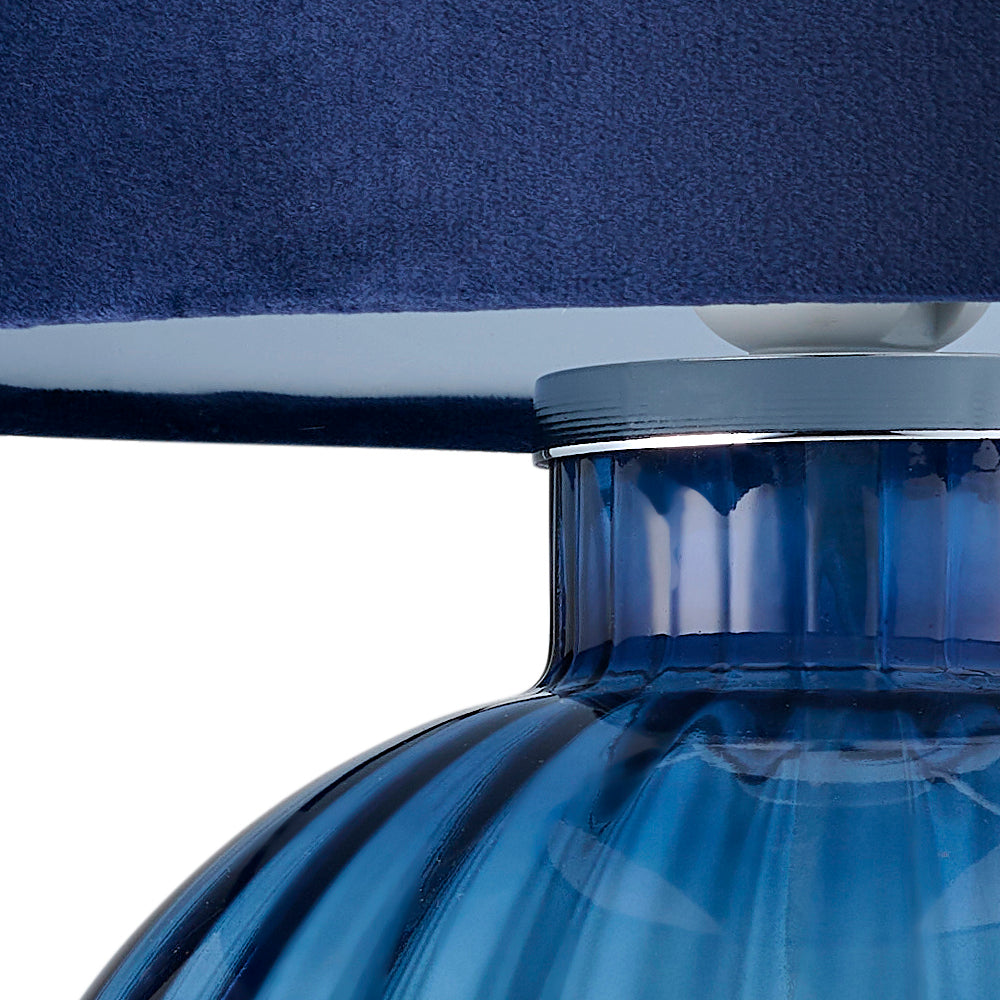 Contemporary Midnight Blue Ribbed Glass Table Lamp with Navy Blue Velvet Shade Image 3