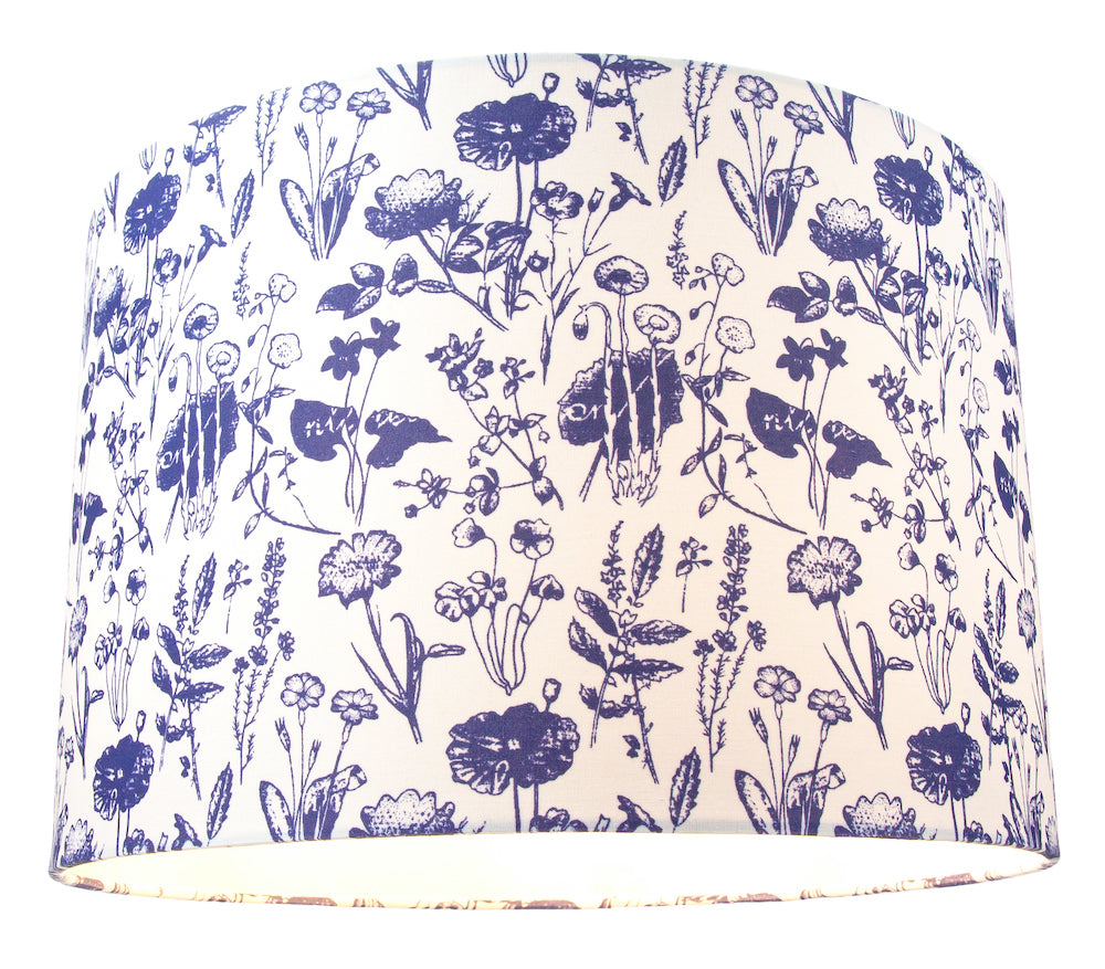 White Cotton 12" Drum Lamp Shade with Blue Floral Decoration and Inner Lining Image 3